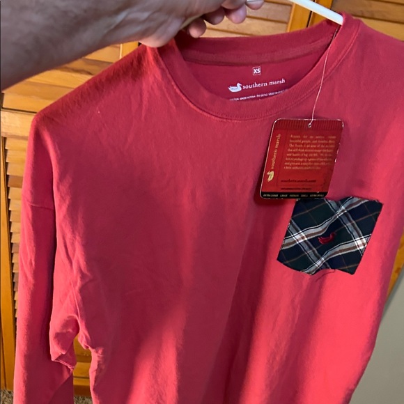 Southern Marsh Long Sleeve Red Shirt with Plaid Accent - Picture 1 of 11